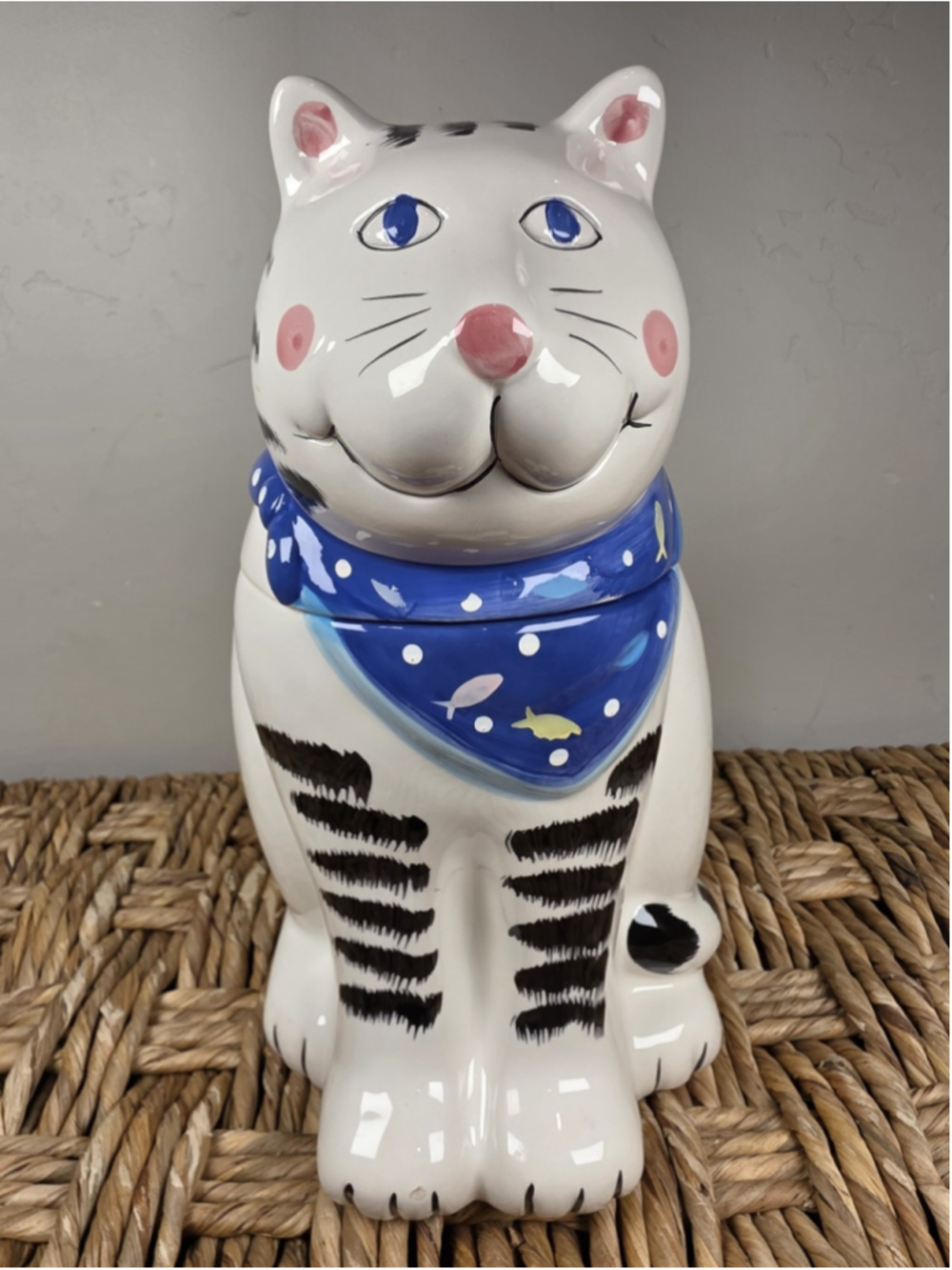 Vintage Coco Dowley Cat Cookie Jar Certified International Blue Scarf Ceramic